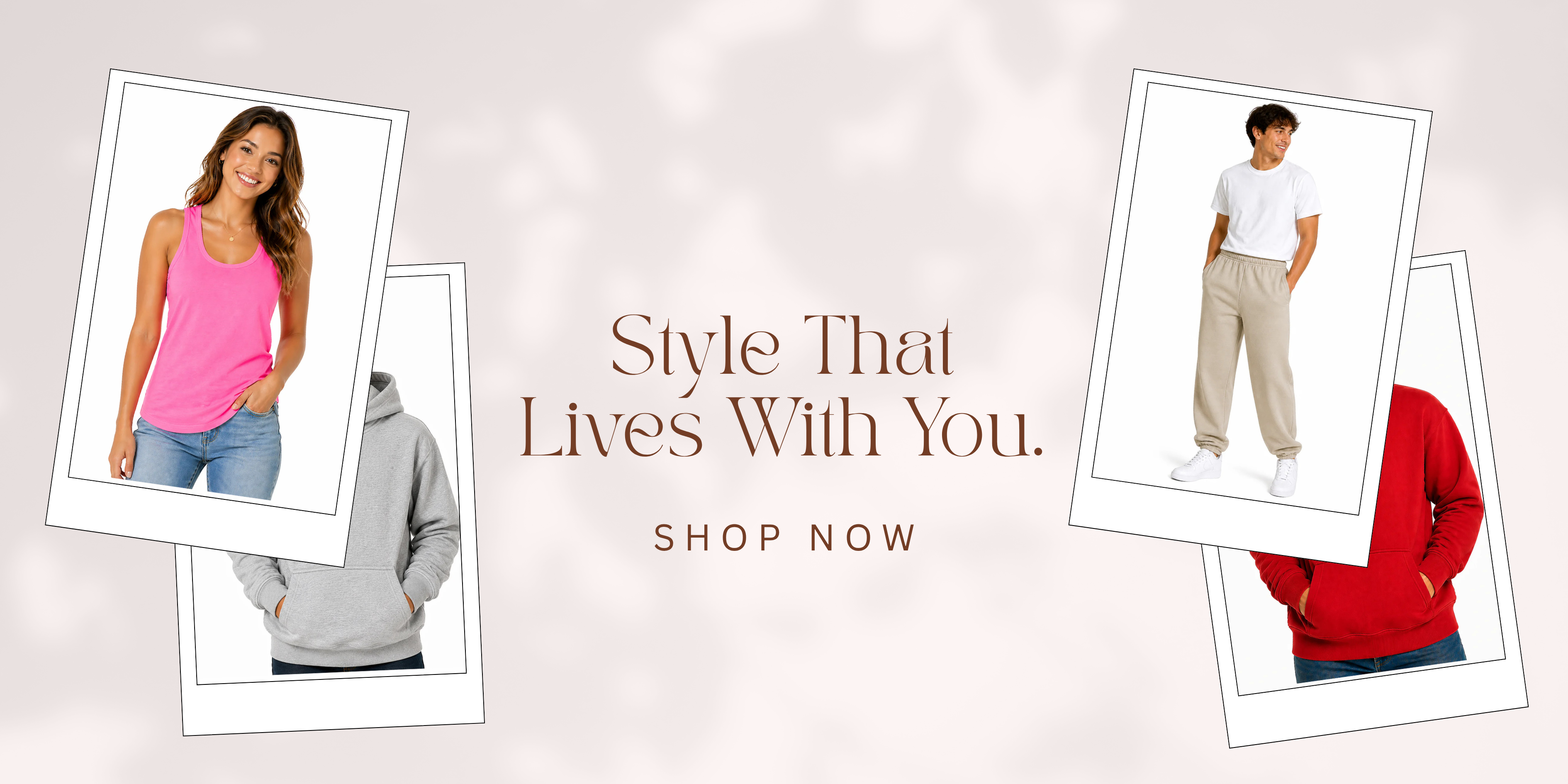 Promotional banner with people wearing different outfits and text encouraging shopping.
