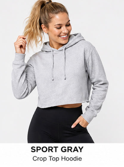 Woman wearing a gray crop top hoodie with text 'Sport Gray Crop Top Hoodie' on a light gray background